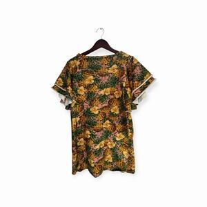 Farm Rio Floral Pineapple Ruffle Statement Sleeve Resort Dress Women's M Coastal